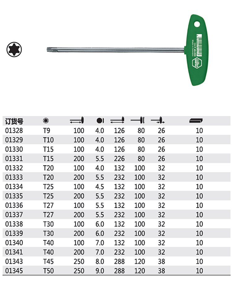 产品信息 主体 材质:铬钒钢 品名:t型星型内六角扳手 规格:t40 表面